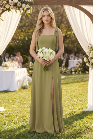 Square Neck Chiffon A-Line Bridesmaid Dress With Bow in Moss Green (4) | KISSBRIDAL