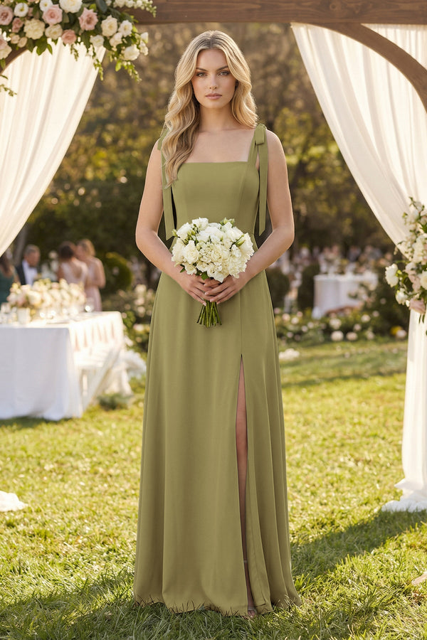 Square Neck Chiffon A-Line Bridesmaid Dress With Bow in Moss Green (4) | KISSBRIDAL