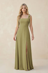 Square Neck Chiffon A-Line Bridesmaid Dress With Bow in Moss Green | KISSBRIDAL
