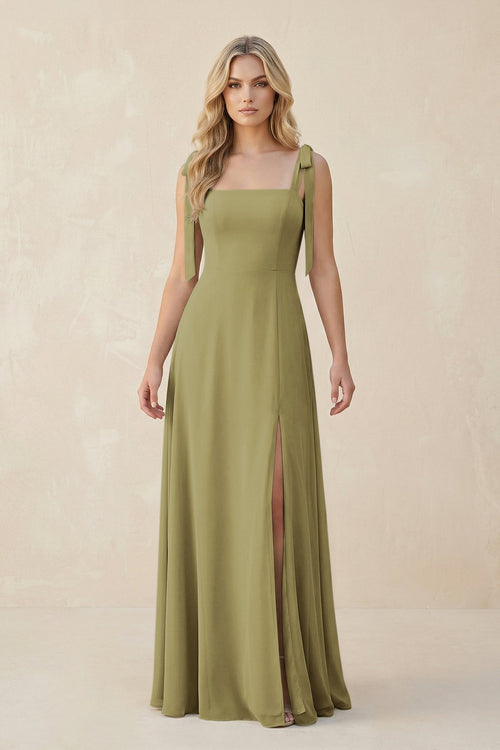 Square Neck Chiffon A-Line Bridesmaid Dress With Bow in Moss Green | KISSBRIDAL