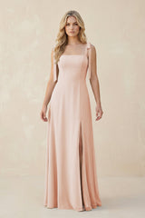 Square Neck Chiffon A - Line Bridesmaid Dress With Bow in Pale Blush - KISS BRIDAL Bridesmaid Dresses