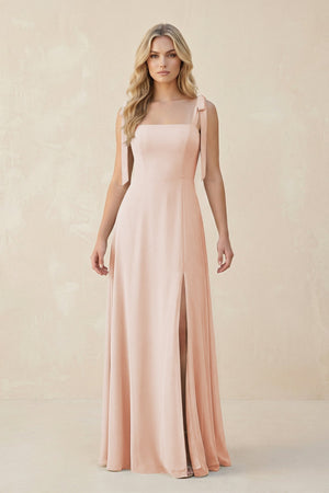 Square Neck Chiffon A - Line Bridesmaid Dress With Bow in Pale Blush - KISS BRIDAL Bridesmaid Dresses