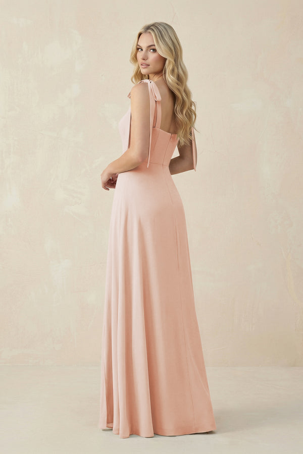 Square Neck Chiffon A - Line Bridesmaid Dress With Bow in Pale Blush - KISS BRIDAL Bridesmaid Dresses