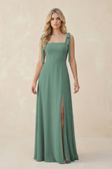 Square Neck Chiffon A-Line Bridesmaid Dress With Bow in Sea Glass | KISSBRIDAL