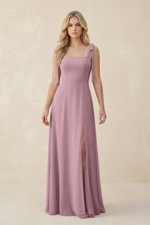 Square Neck Chiffon A-Line Bridesmaid Dress With Bow in Vintage Mauve | KISSBRIDAL