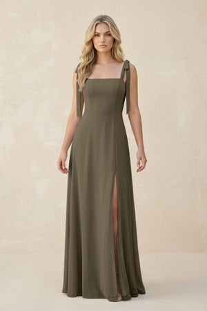 Square Neck Chiffon A - Line Bridesmaid Dress With Bow in Willow Green - KISS BRIDAL Bridesmaid Dresses
