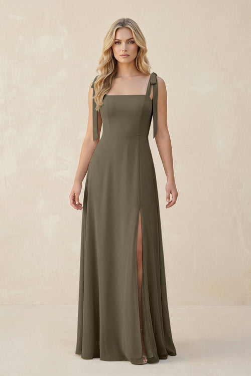 Square Neck Chiffon A - Line Bridesmaid Dress With Bow in Willow Green - KISS BRIDAL Bridesmaid Dresses