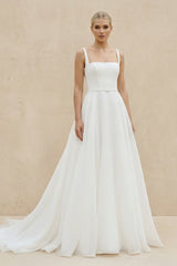 Square Neck Chiffon A - Line Wedding Dress in White - KISS BRIDAL Wedding Dresses