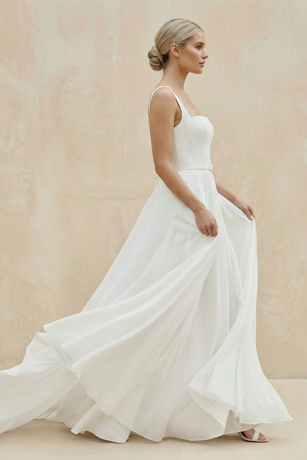 Square Neck Chiffon A - Line Wedding Dress in White - KISS BRIDAL Wedding Dresses