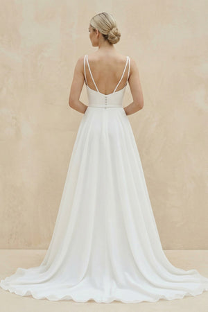 Square Neck Chiffon A - Line Wedding Dress in White - KISS BRIDAL Wedding Dresses