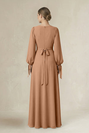Square Neck Long Sleeve A-Line Chiffon Bridesmaid Dress in Bronzer - KISS BRIDAL BRIDESMAID DRESSES