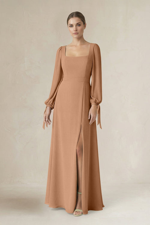 Square Neck Long Sleeve A-Line Chiffon Bridesmaid Dress in Bronzer - KISS BRIDAL BRIDESMAID DRESSES
