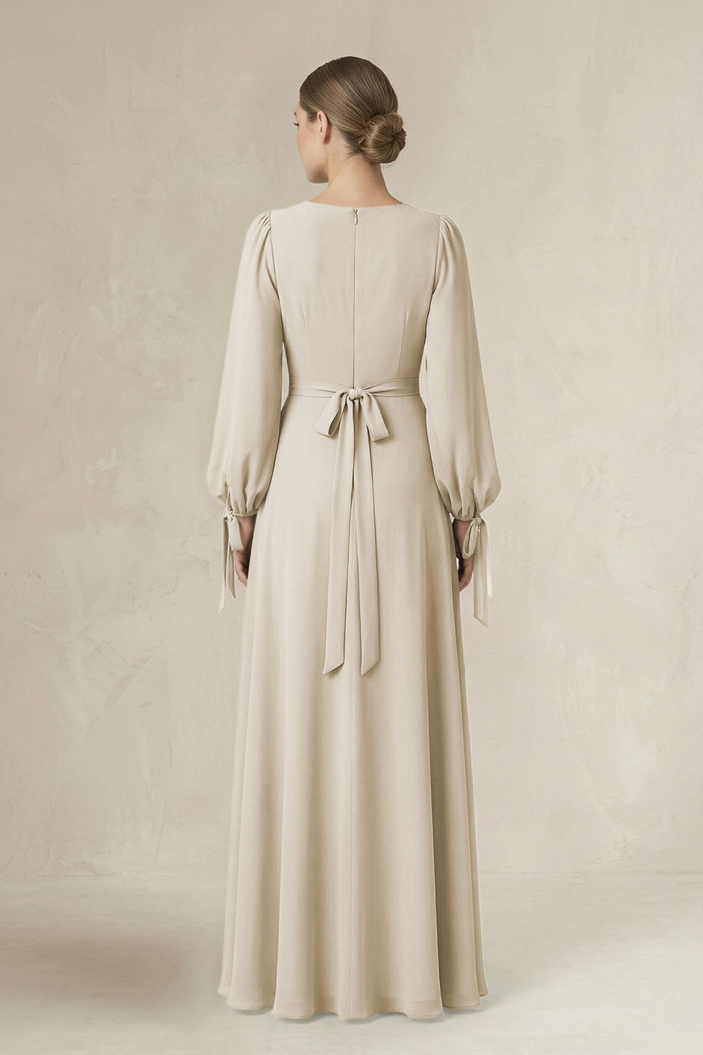 Square Neck Long Sleeve A-Line Chiffon Bridesmaid Dress in Dove Gray