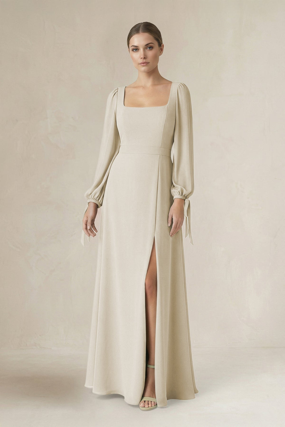 Square Neck Long Sleeve A-Line Chiffon Bridesmaid Dress in Dove Gray