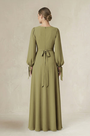 Square Neck Long Sleeve A-Line Chiffon Bridesmaid Dress in Moss Green (2) | KISSBRIDAL