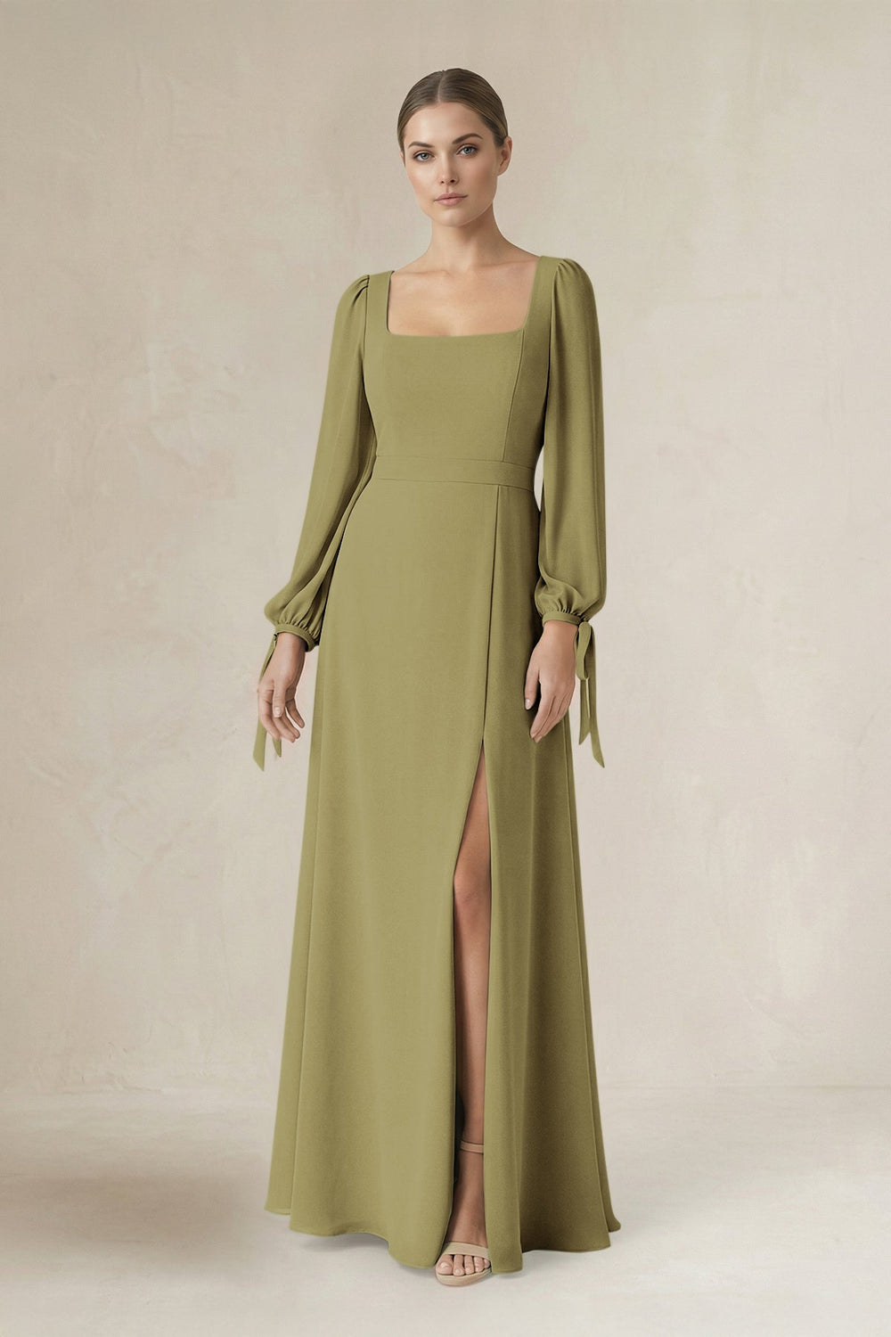 Square Neck Long Sleeve A-Line Chiffon Bridesmaid Dress in Moss Green