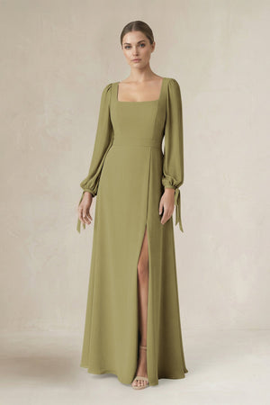 Square Neck Long Sleeve A-Line Chiffon Bridesmaid Dress in Moss Green | KISSBRIDAL