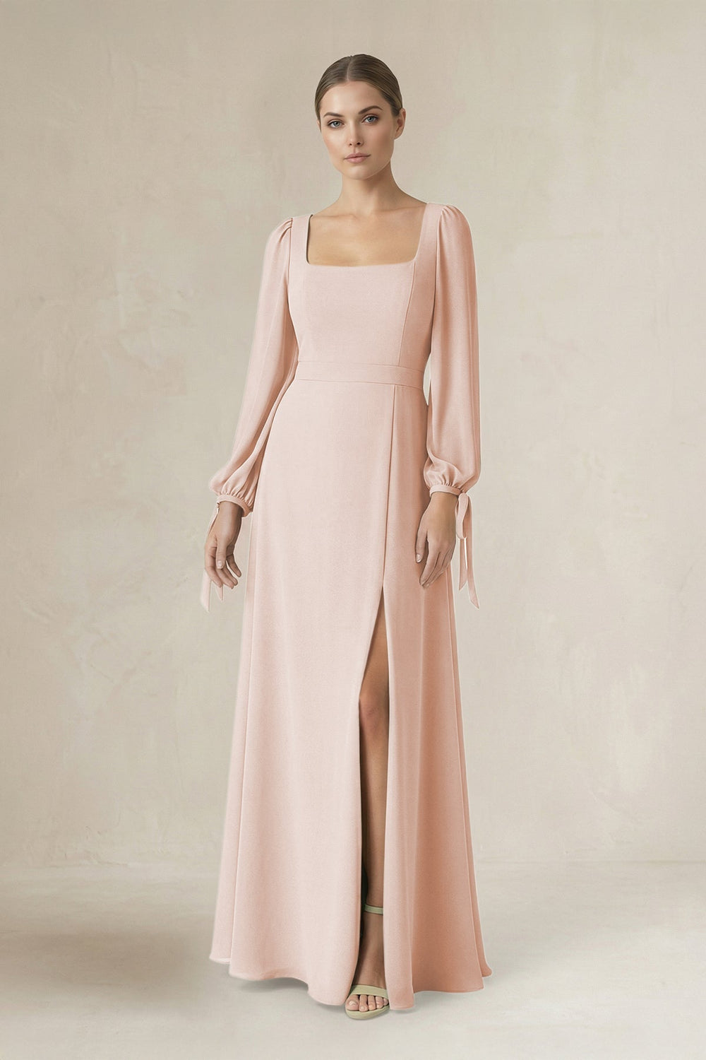 Square Neck Long Sleeve A-Line Chiffon Bridesmaid Dress in Pale Blush