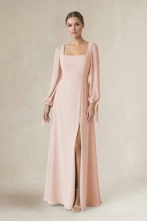 Square Neck Long Sleeve A-Line Chiffon Bridesmaid Dress in Pale Blush - KISS BRIDAL BRIDESMAID DRESSES