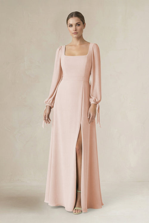 Square Neck Long Sleeve A-Line Chiffon Bridesmaid Dress in Pale Blush - KISS BRIDAL BRIDESMAID DRESSES