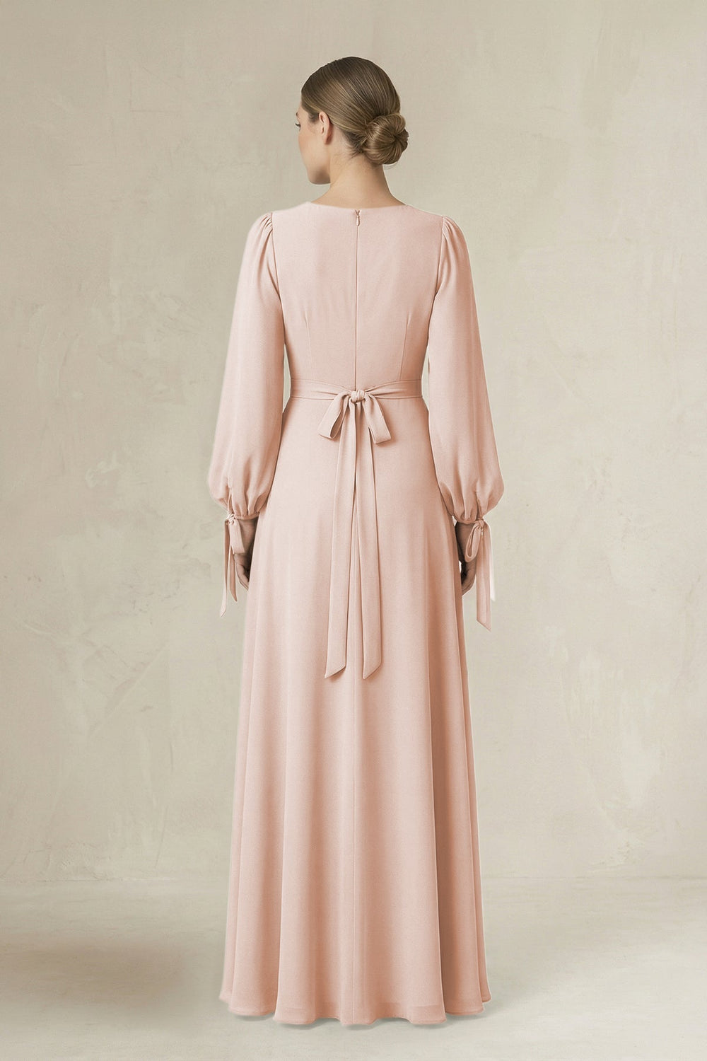 Square Neck Long Sleeve A-Line Chiffon Bridesmaid Dress in Pale Blush