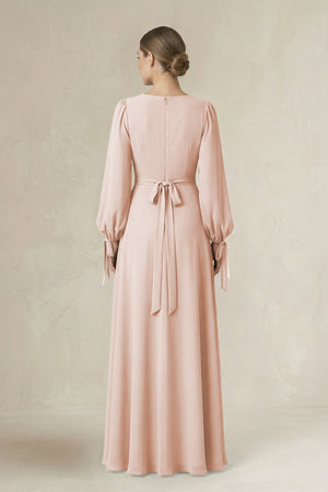 Square Neck Long Sleeve A-Line Chiffon Bridesmaid Dress in Pale Blush - KISS BRIDAL BRIDESMAID DRESSES