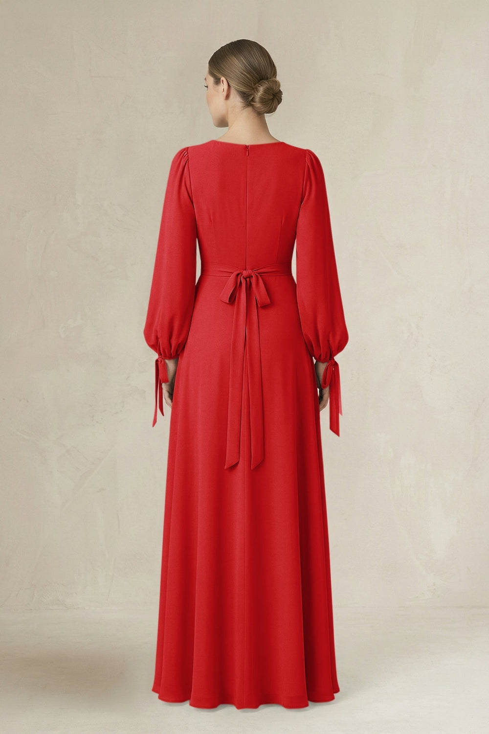 Square Neck Long Sleeve A-Line Chiffon Bridesmaid Dress in Ruby Red