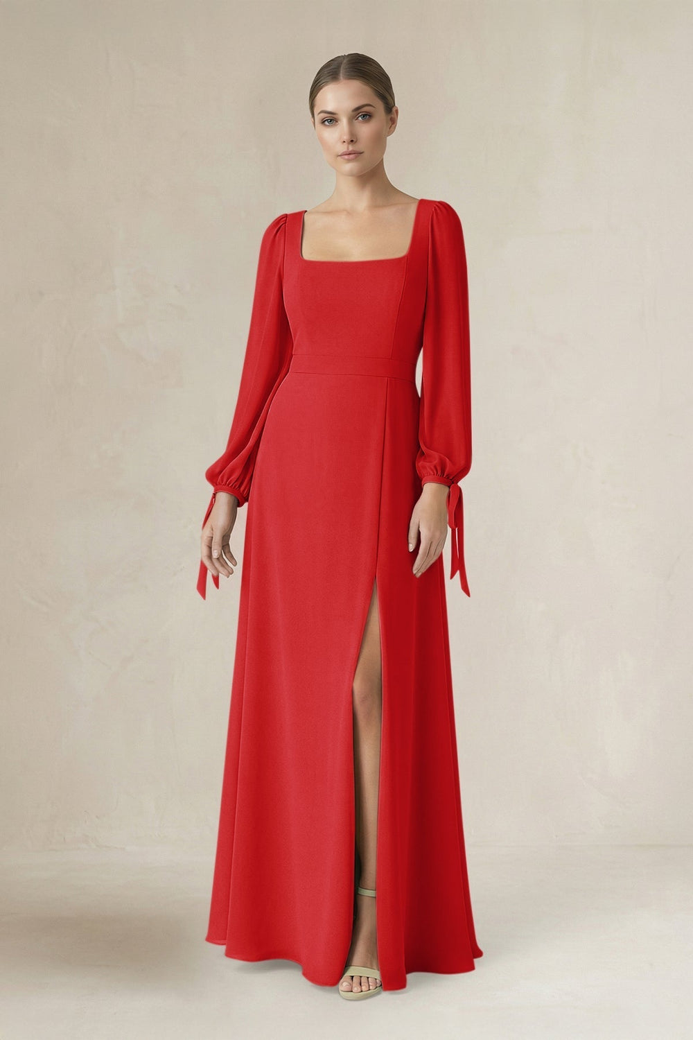 Square Neck Long Sleeve A-Line Chiffon Bridesmaid Dress in Ruby Red