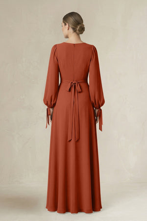 Square Neck Long Sleeve A-Line Chiffon Bridesmaid Dress in Spice - KISS BRIDAL BRIDESMAID DRESSES