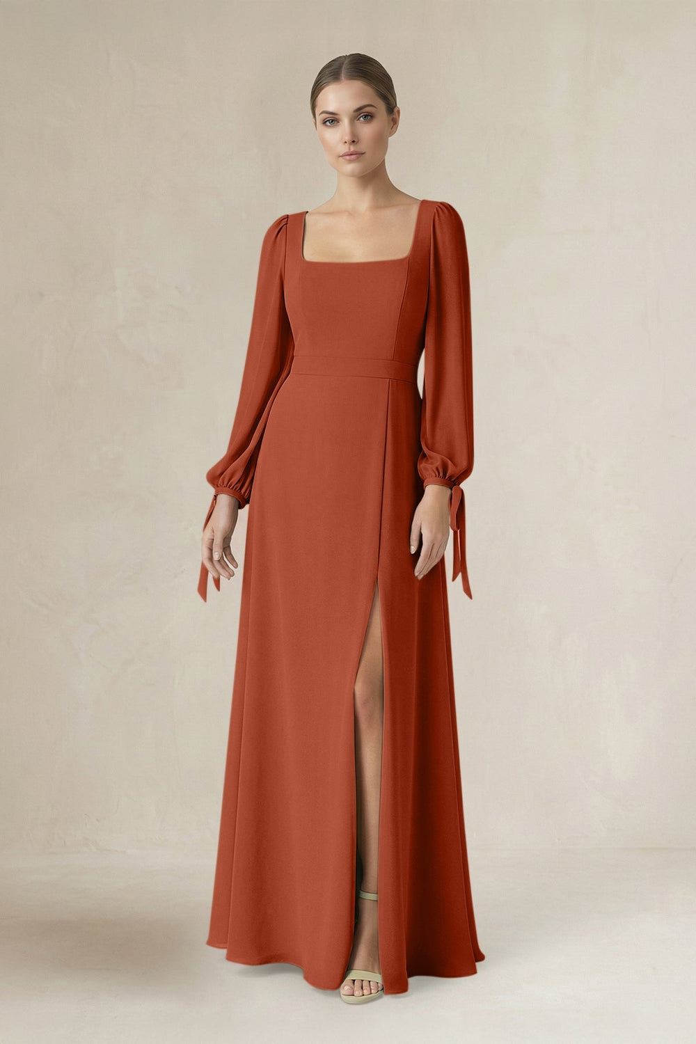 Square Neck Long Sleeve A-Line Chiffon Bridesmaid Dress in Spice