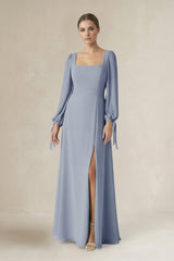 Square Neck Long Sleeve A-Line Chiffon Bridesmaid Dress in Twilight - KISS BRIDAL BRIDESMAID DRESSES