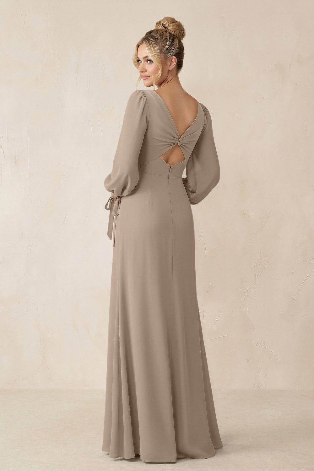 Square Neck Long Sleeve Sheath Chiffon Bridesmaid Dress in Almond