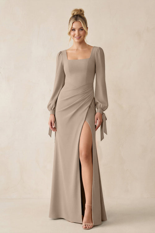 Square Neck Long Sleeve Sheath Chiffon Bridesmaid Dress in Almond | KISSBRIDAL