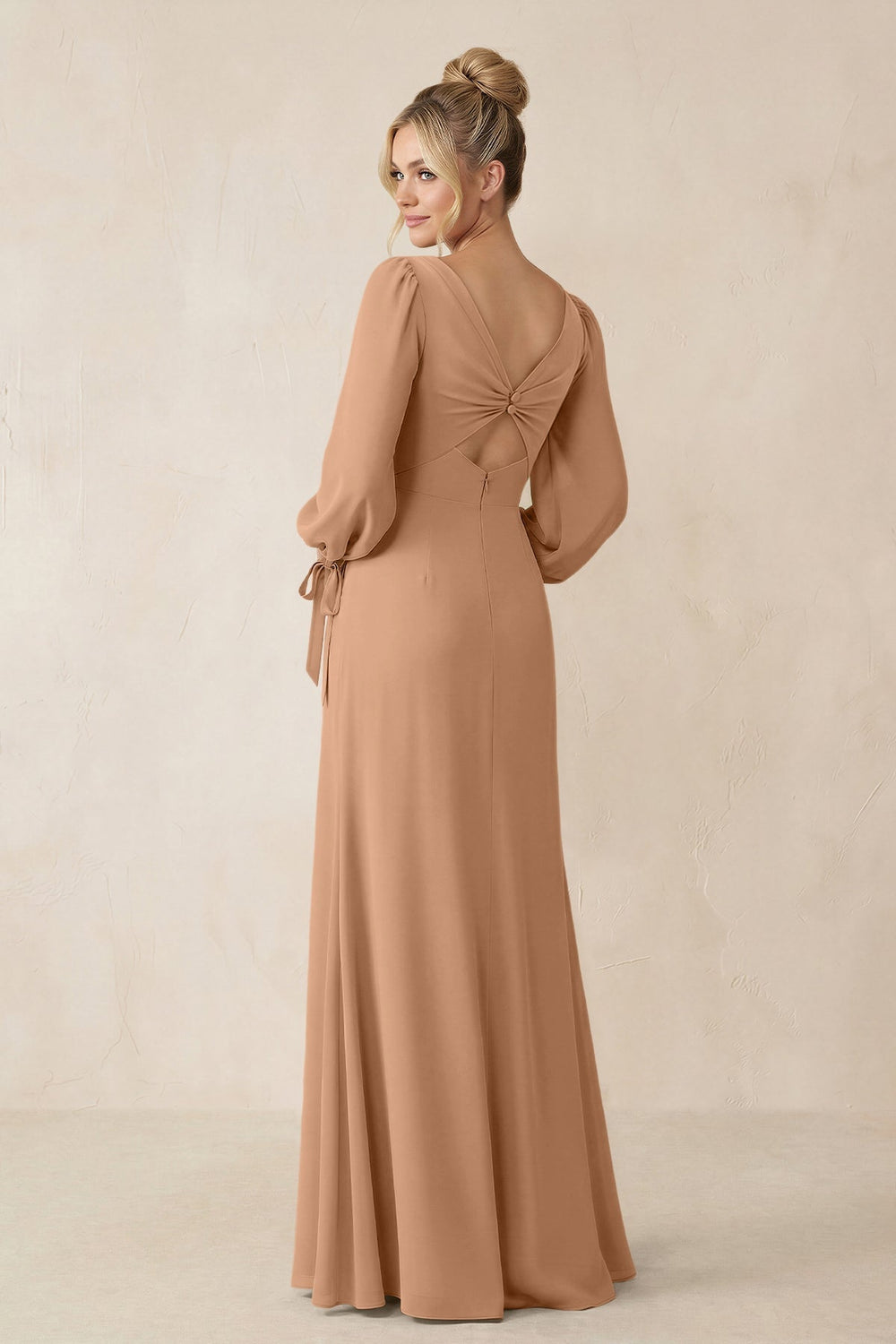 Square Neck Long Sleeve Sheath Chiffon Bridesmaid Dress in Bronzer