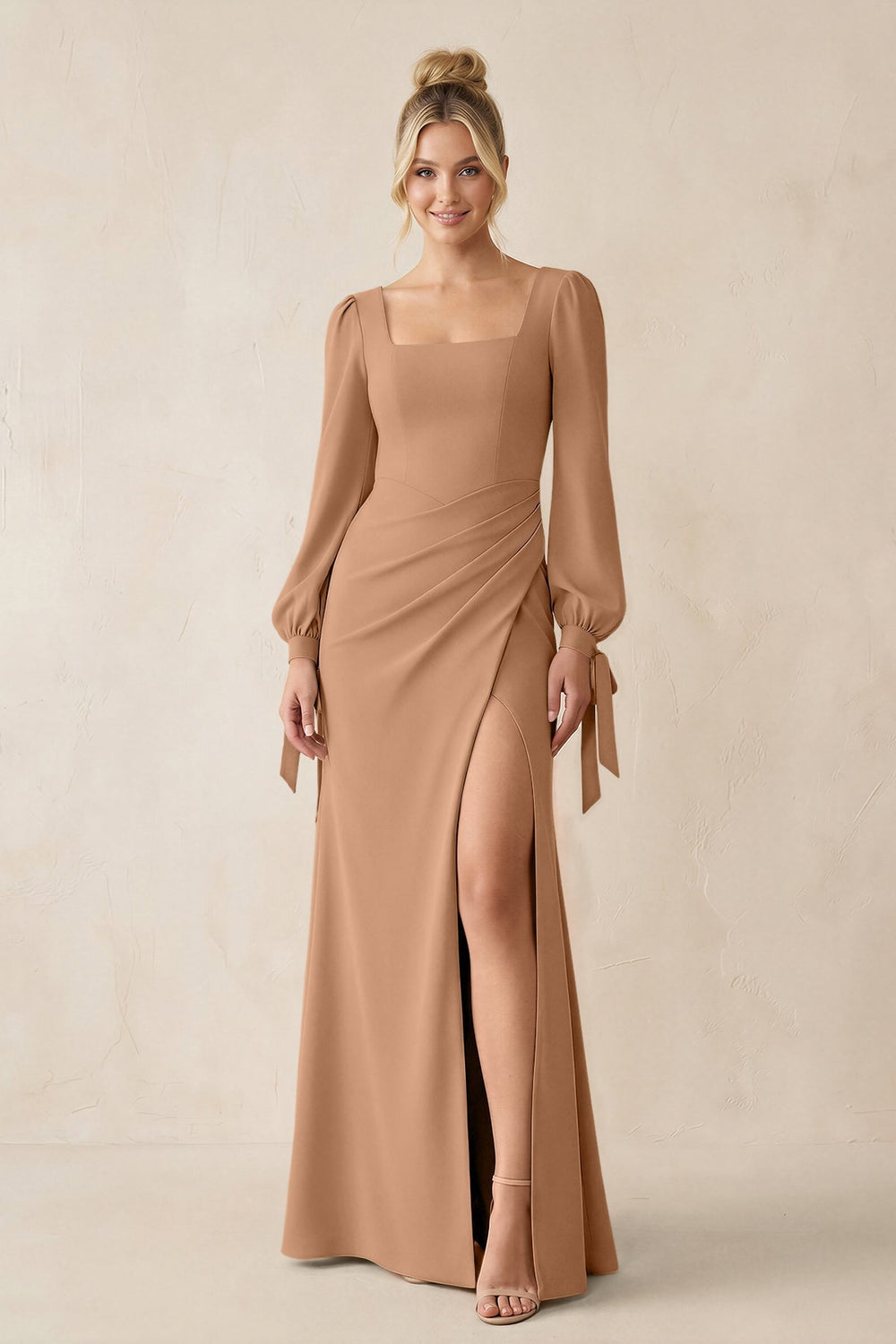 Square Neck Long Sleeve Sheath Chiffon Bridesmaid Dress in Bronzer