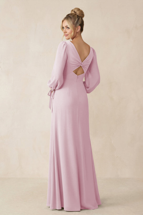 Square Neck Long Sleeve Sheath Chiffon Bridesmaid Dress in Candy Pink (2) | KISSBRIDAL