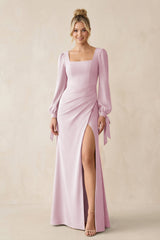 Square Neck Long Sleeve Sheath Chiffon Bridesmaid Dress in Candy Pink | KISSBRIDAL