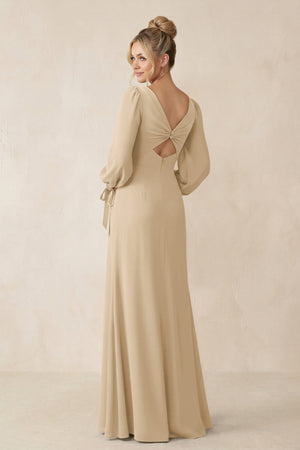 Square Neck Long Sleeve Sheath Chiffon Bridesmaid Dress in Champagne (2) | KISSBRIDAL