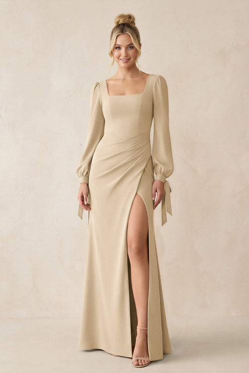 Square Neck Long Sleeve Sheath Chiffon Bridesmaid Dress in Champagne | KISSBRIDAL