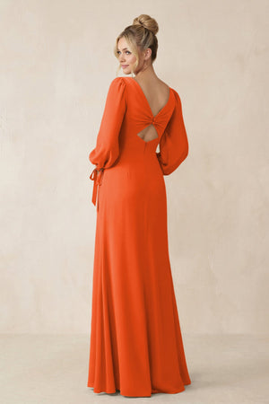 Square Neck Long Sleeve Sheath Chiffon Bridesmaid Dress in Cinnamon (2) | KISSBRIDAL