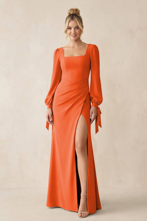 Square Neck Long Sleeve Sheath Chiffon Bridesmaid Dress in Cinnamon | KISSBRIDAL