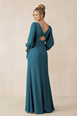 Square Neck Long Sleeve Sheath Chiffon Bridesmaid Dress in Dark Teal - KISS BRIDAL Bridesmaid Dresses