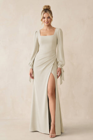 Square Neck Long Sleeve Sheath Chiffon Bridesmaid Dress in Dove Gray - KISS BRIDAL Bridesmaid Dresses