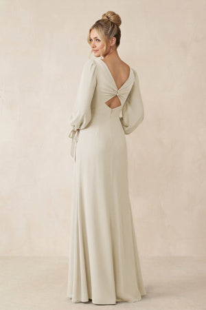 Square Neck Long Sleeve Sheath Chiffon Bridesmaid Dress in Dove Gray - KISS BRIDAL Bridesmaid Dresses
