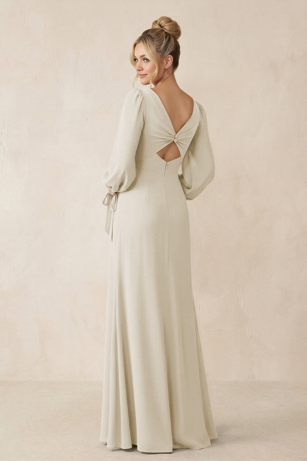 Square Neck Long Sleeve Sheath Chiffon Bridesmaid Dress in Dove Gray - KISS BRIDAL Bridesmaid Dresses