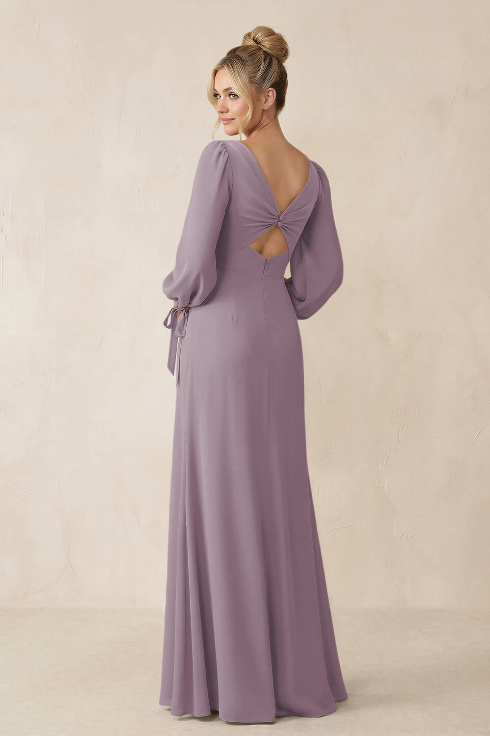 Square Neck Long Sleeve Sheath Chiffon Bridesmaid Dress in Dusk