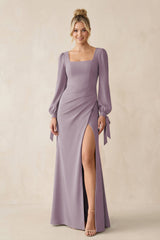 Square Neck Long Sleeve Sheath Chiffon Bridesmaid Dress in Dusk | KISSBRIDAL