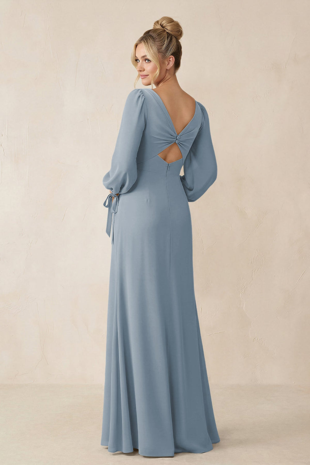 Square Neck Long Sleeve Sheath Chiffon Bridesmaid Dress in Dusty Blue