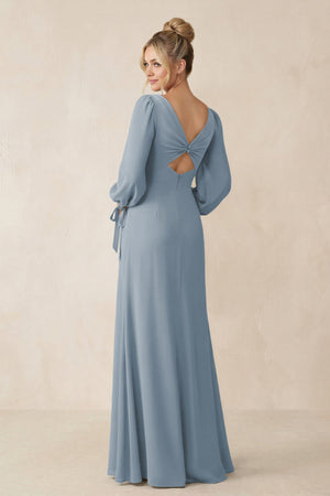 Square Neck Long Sleeve Sheath Chiffon Bridesmaid Dress in Dusty Blue (2) | KISSBRIDAL