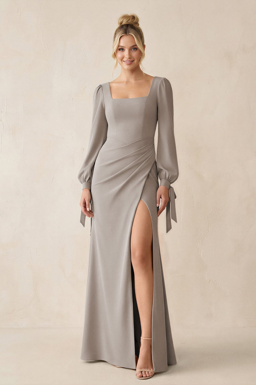Square Neck Long Sleeve Sheath Chiffon Bridesmaid Dress in Frost